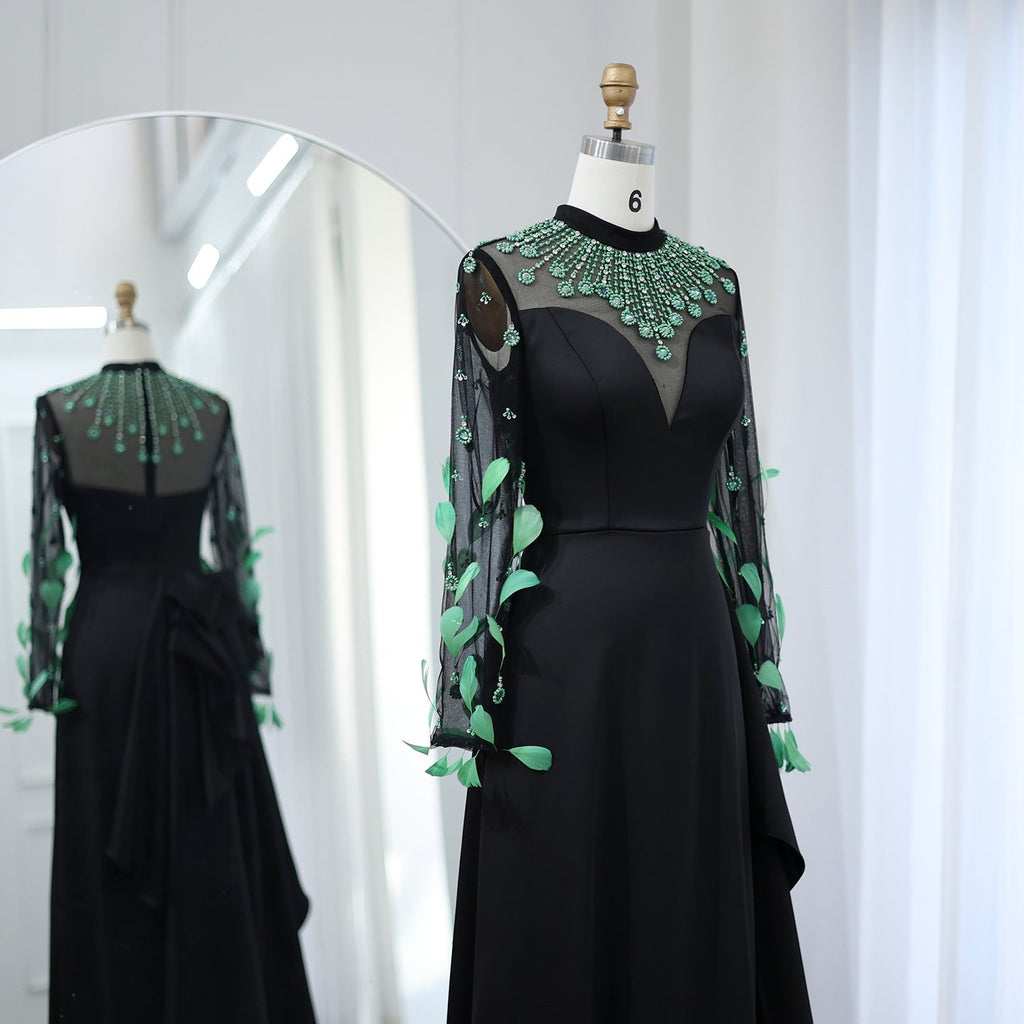Luxury Green Feathers Black Long Sleeves Evening Dress SS457