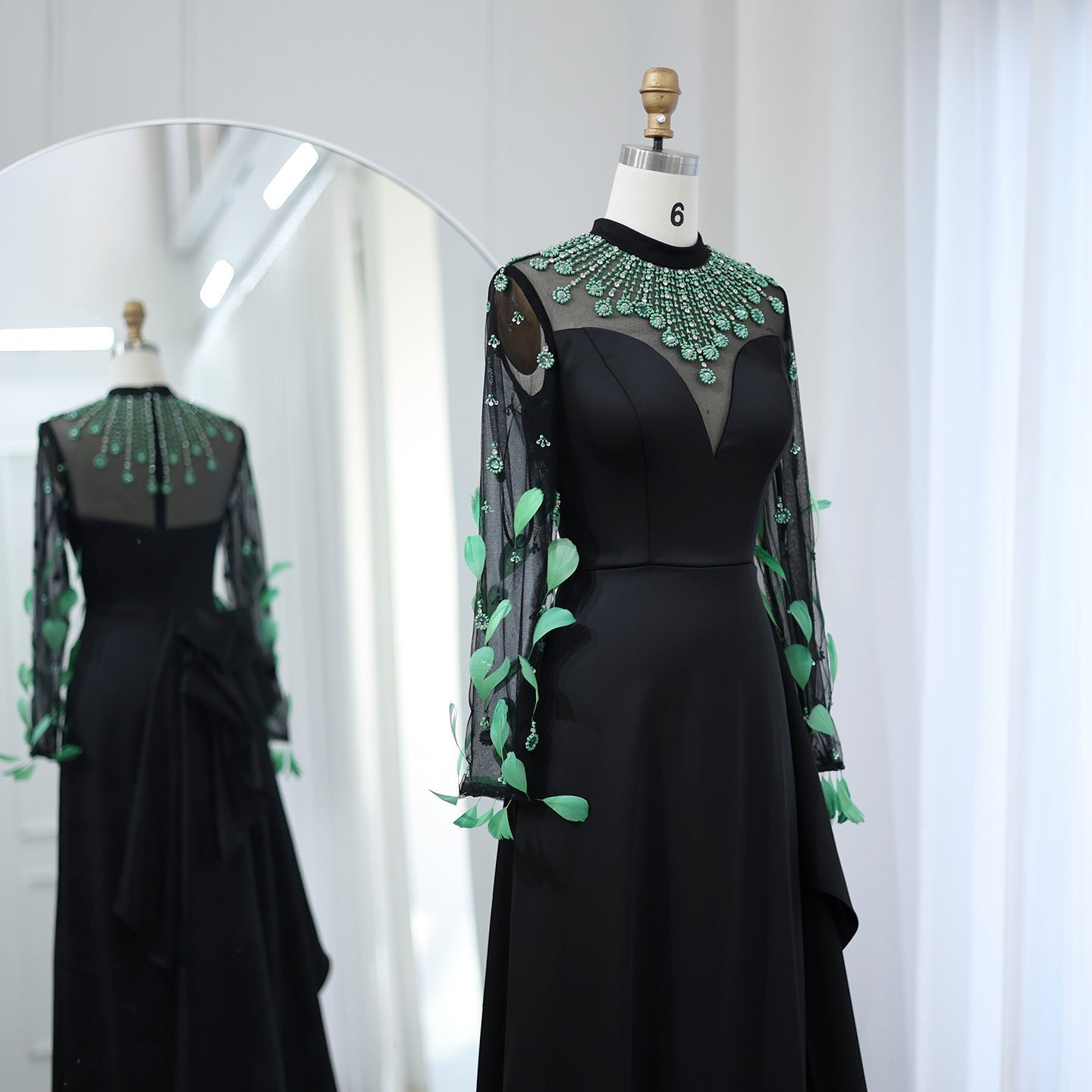 Luxury Green Feathers Black Long Sleeves Evening Dress SS457