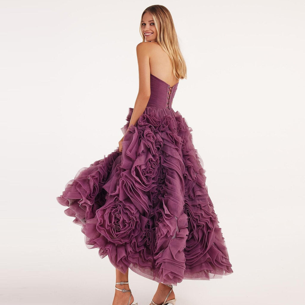 Luxury 3D Rose Flower Pink Midi Evening Dresses SS343