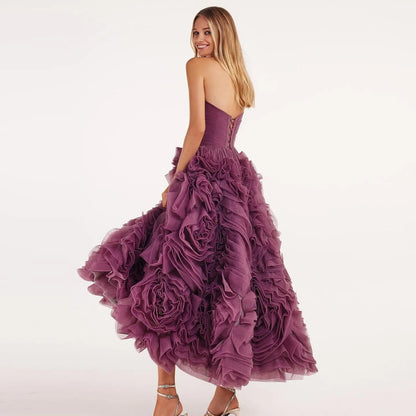 Luxury 3D Rose Flower Purple Strapless Evening Dress SF451