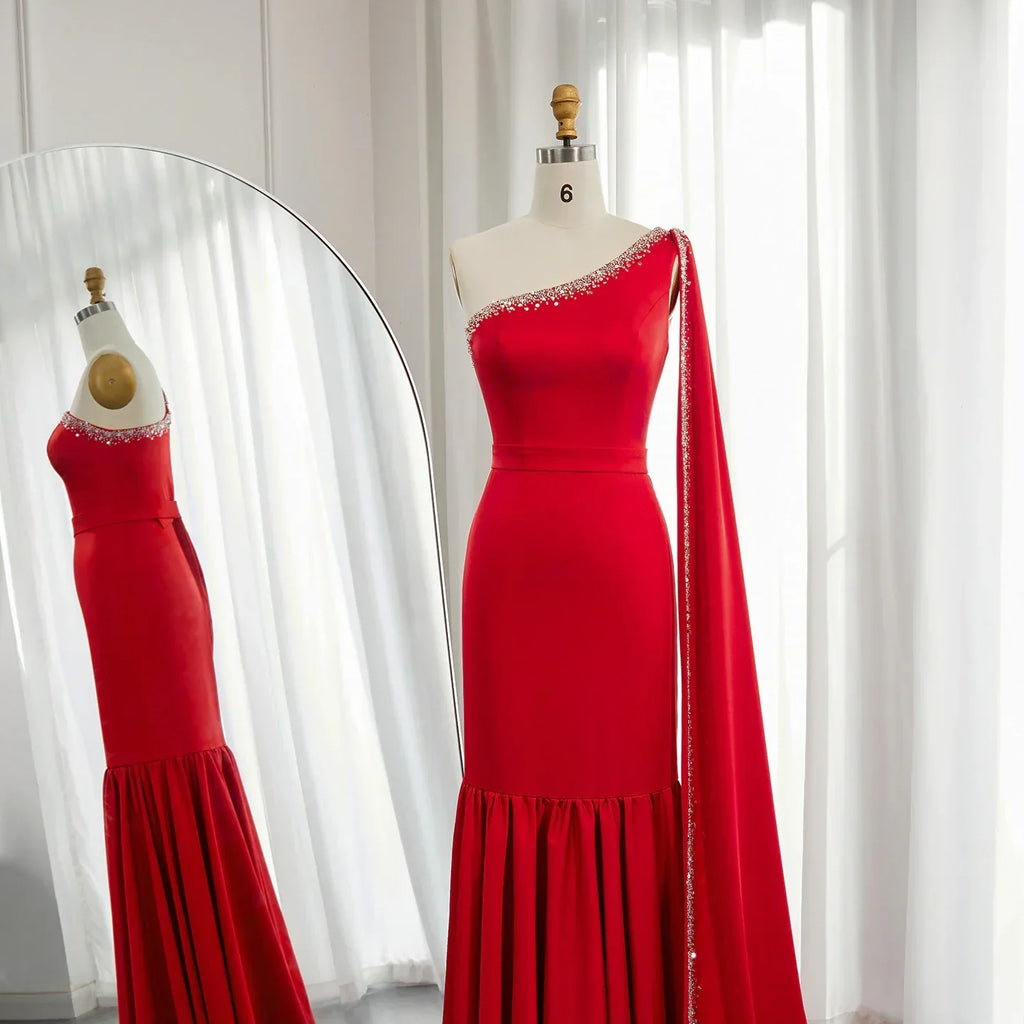 Luxury Burgundy One Shoulder Evening Dress with Cape Sleeve SS384