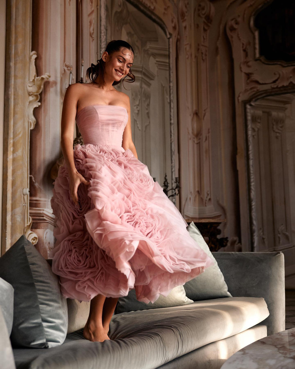Luxury 3D Rose Flower Pink Midi Evening Dresses SS343