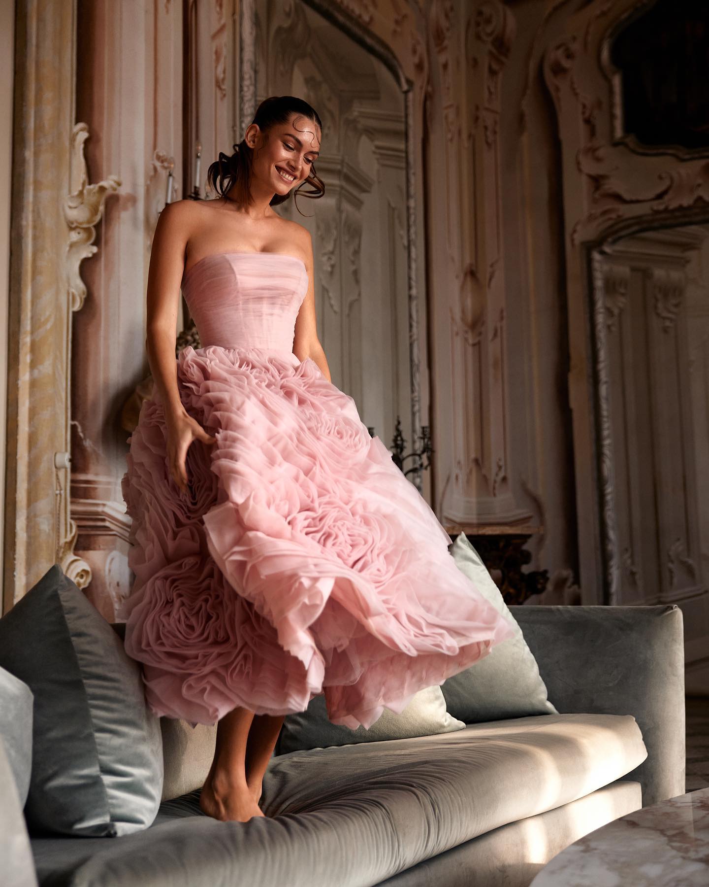 Luxury 3D Rose Flower Pink Midi Evening Dresses SS343