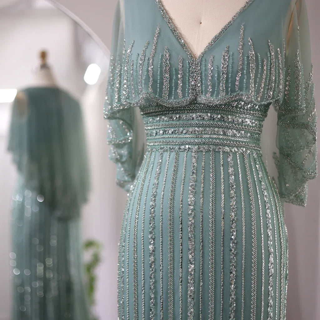 Luxury Beaded Pink V-Neck Mermaid Evening Dresses with Cape SS284