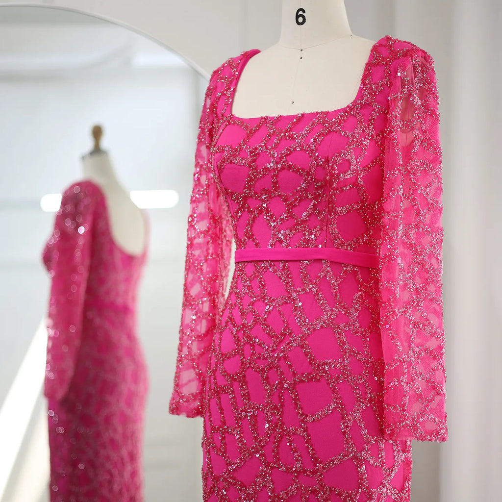 Luxury Tassel Hot Pink Square Neck Long Sleeves Evening Dress SS347
