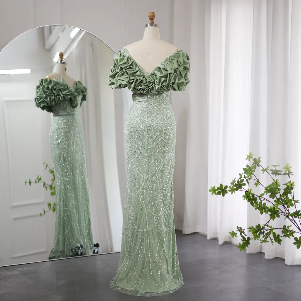 Elegant Sage Green Off Shoulder Mermaid Evening Dress SS288