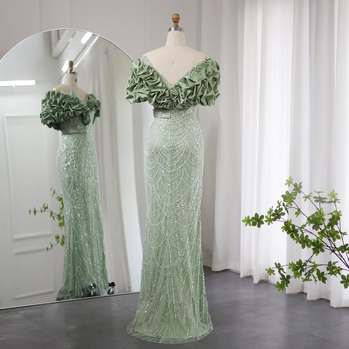 Elegant Sage Green Off Shoulder Mermaid Evening Dress SS288