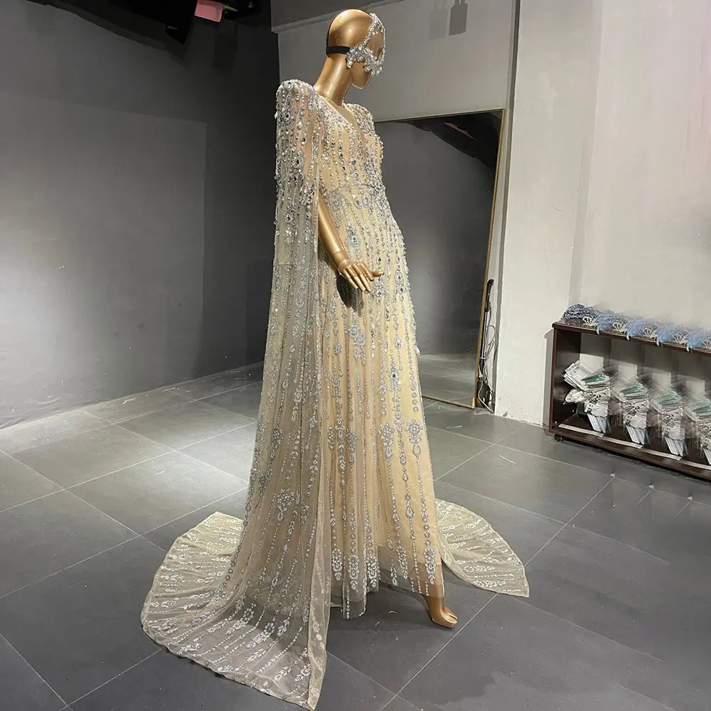 Luxury Crystal Pearls Evening Dress with Cape Sleeves SS750