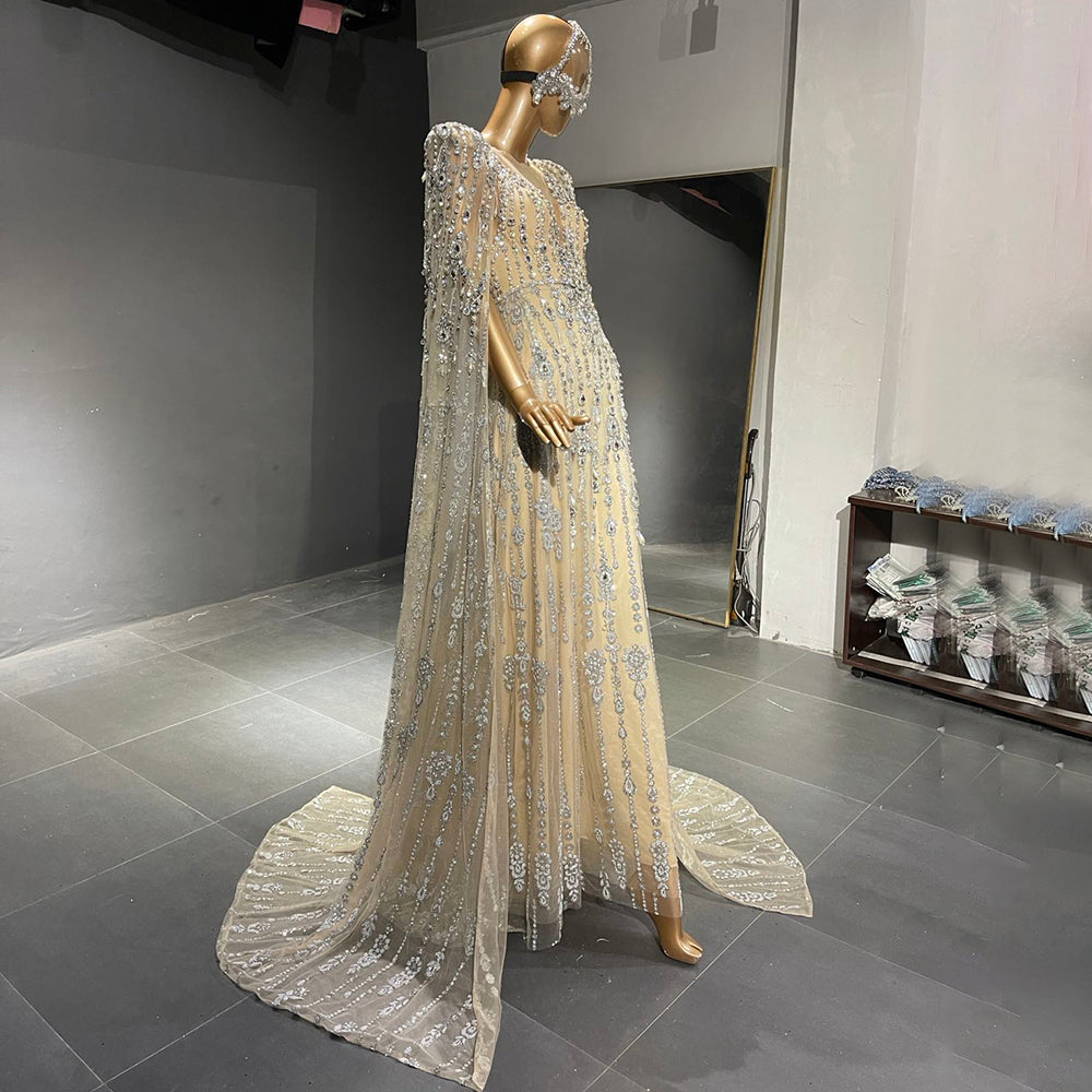 Luxurious Crystal Pearls Evening Dress with Cape Sleeves SS750