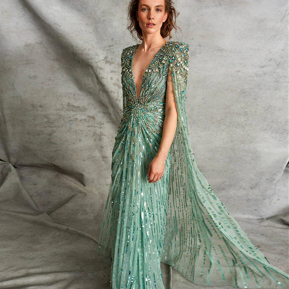 Luxury Crystal Sage Green V-Neck Evening Dresses with Cape SS399