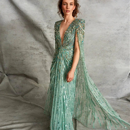 Luxury Dubai Green Evening Dresses with Cape Fuchsia Crystal Gold SS399