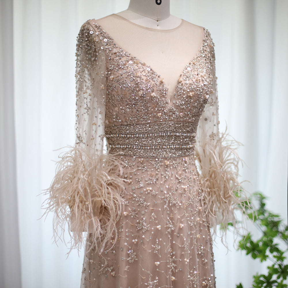 Elegant Beaded Champagne Feathers Long Sleeves Evening Dress SS101