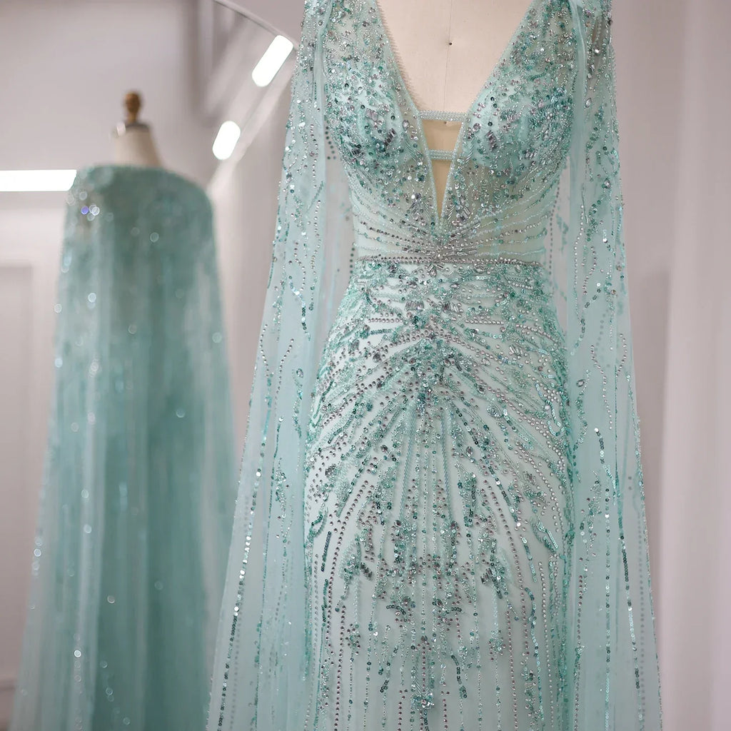 Luxury Turquoise V-Neck Mermaid Evening Dresses with Cape SS397