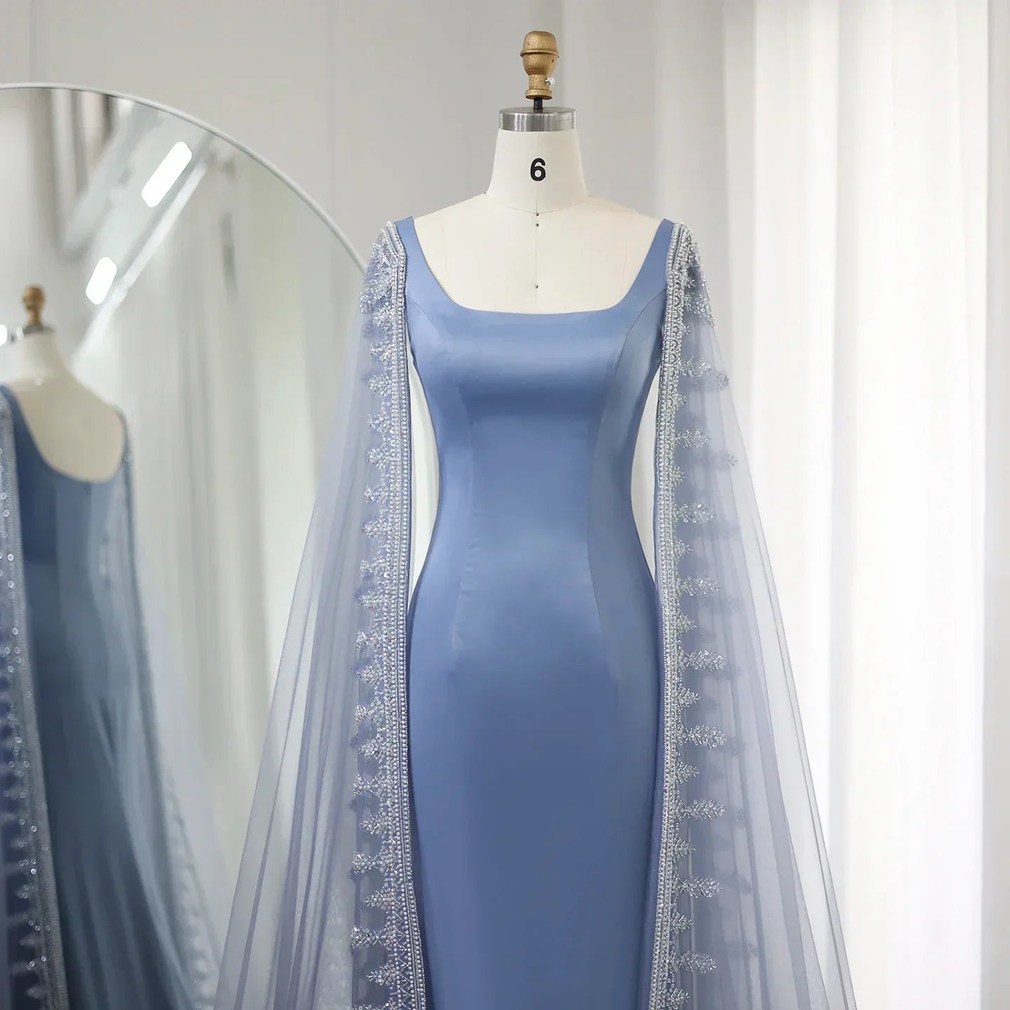 Luxury Crystal Blue Mermaid Evening Dresses with Cape Sleeves SS445