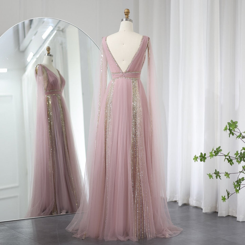 Luxury Sequined Pink Evening Dress with Cape Sleeves SS010