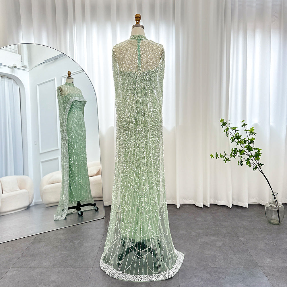 Luxury Pearls Champagne Mermaid Evening Dress with Cape SS369