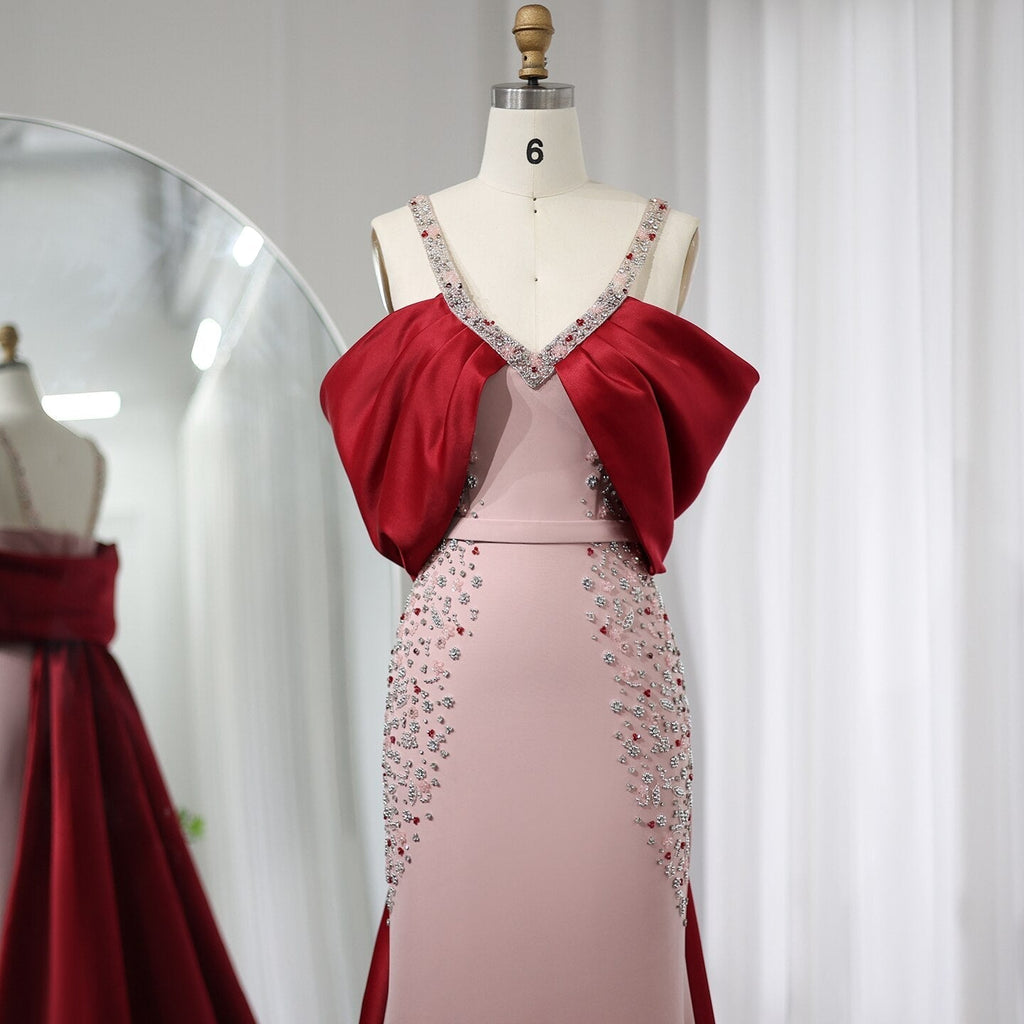 Luxury Pink Burgundy Mermaid Evening Dress with Cape SS446