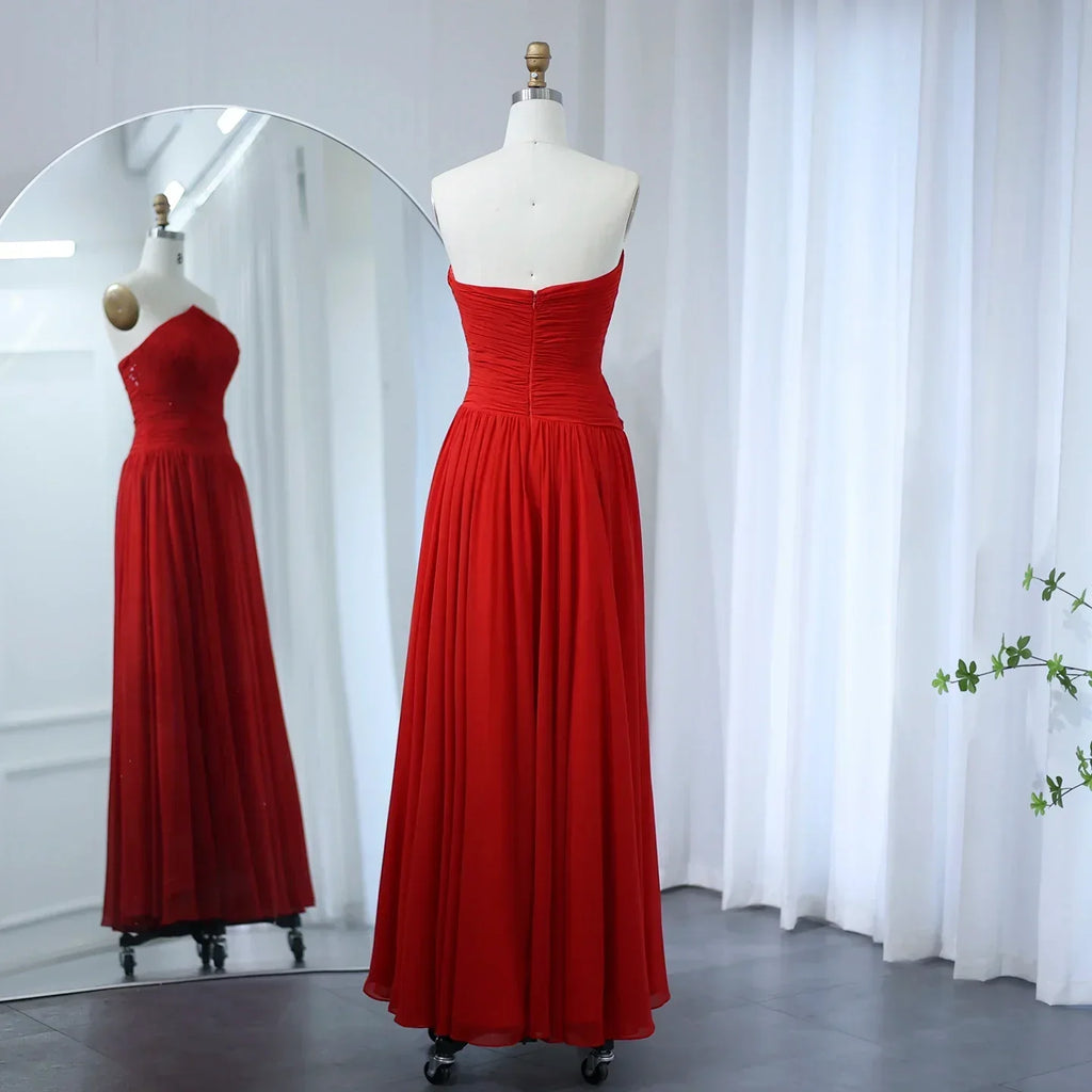 Elegant Red Chiffon A-Line Strapless Long Evening Dress with Slit SF141