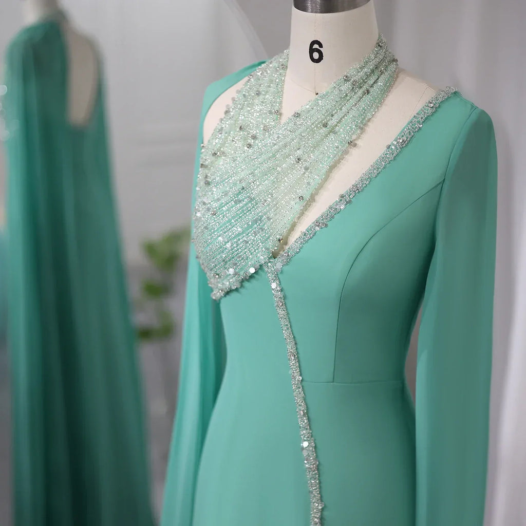 Luxury Beaded Turquoise Chiffon Evening Dress with Cape Sleeves SS474