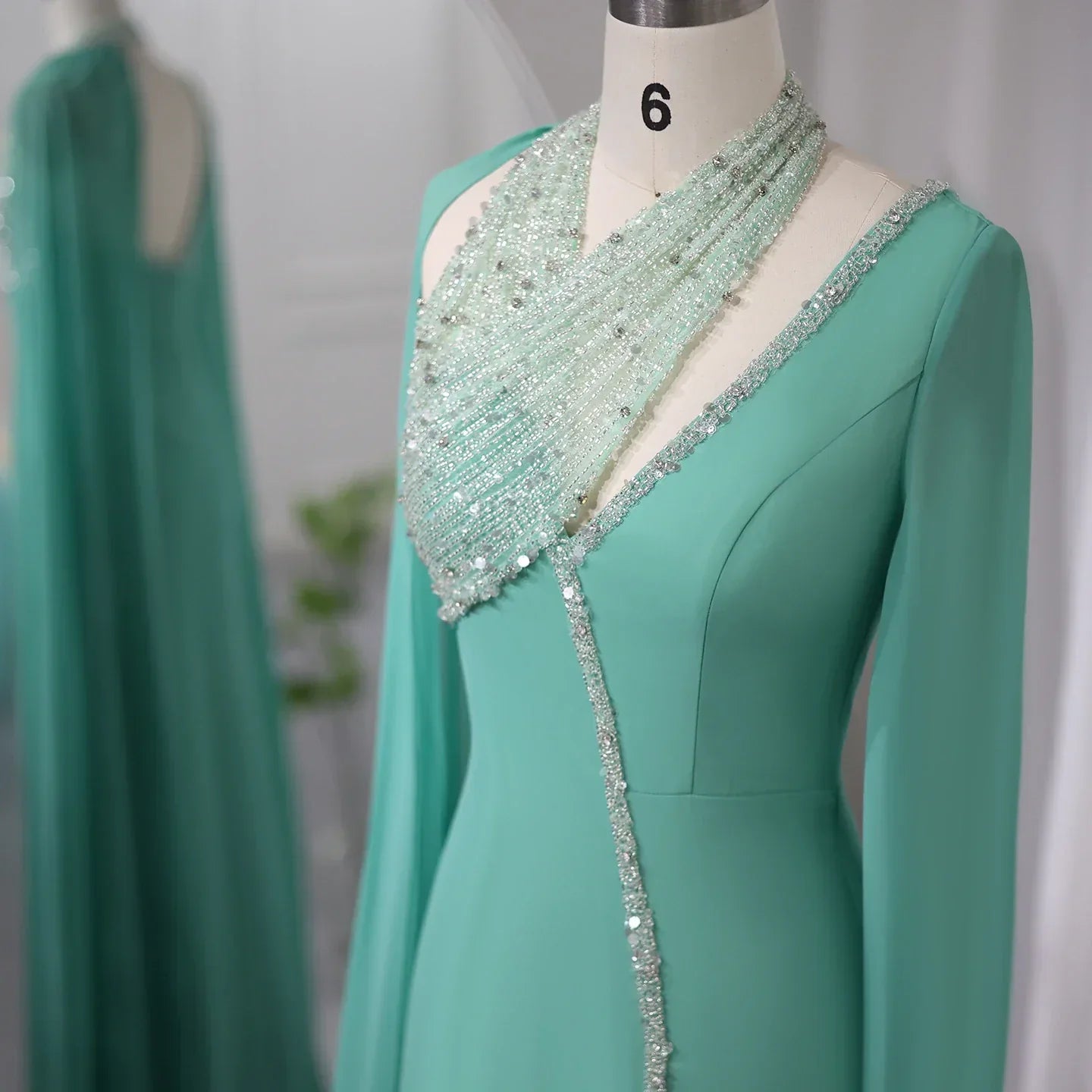 Luxury Beaded Turquoise Chiffon Evening Dress with Cape Sleeves SS474