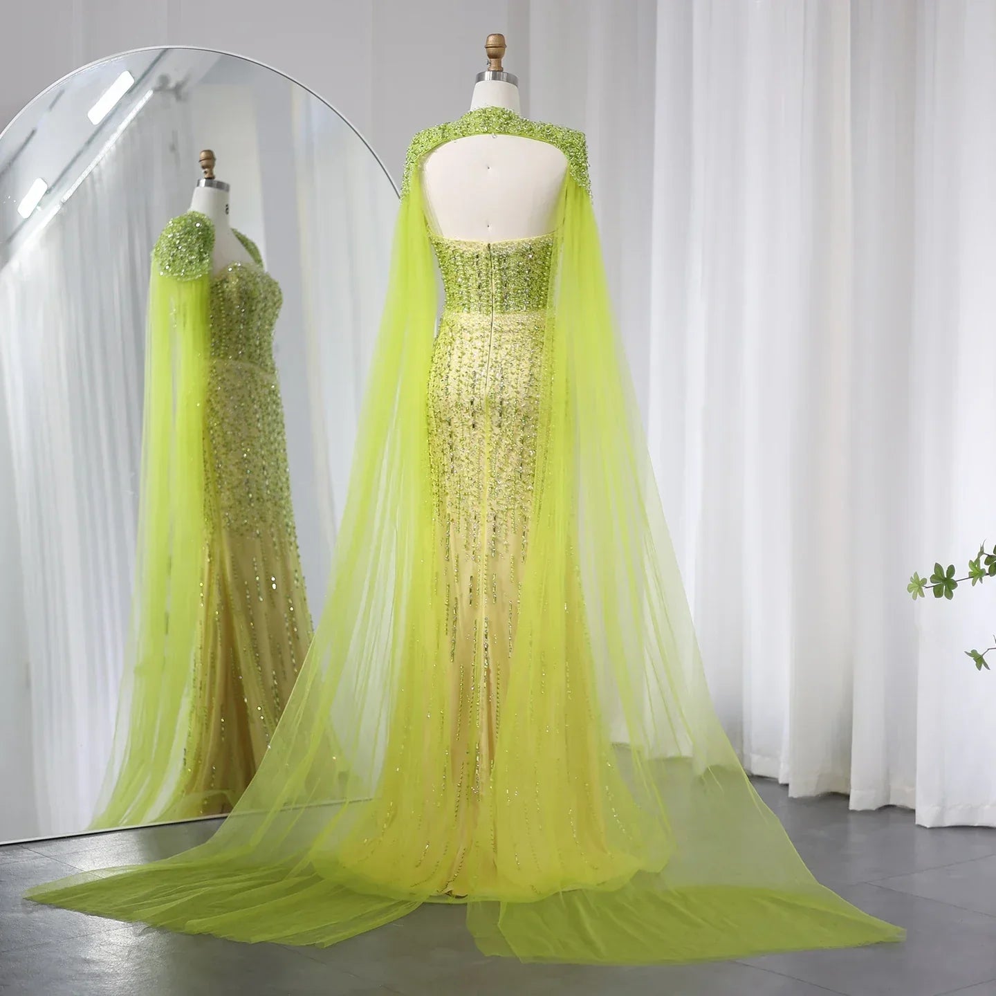 Luxury Beaded Lime Green Evening Dress with Cape Sleeves SS443