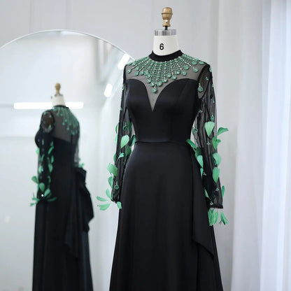 Luxury Feathers Black Long Sleeves Evening Dress SS457