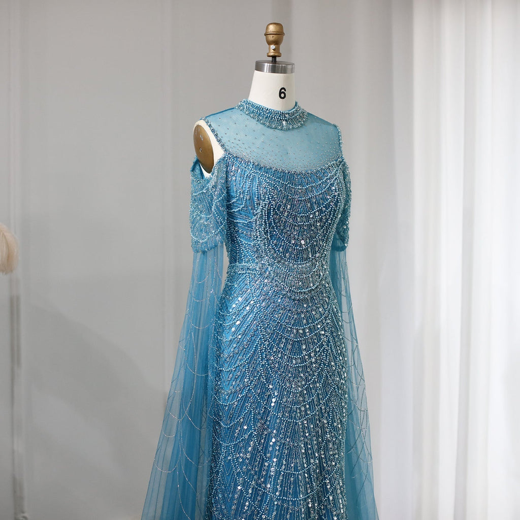 Elegant Sage Green Mermaid Evening Dress with Cape Sleeves SS205
