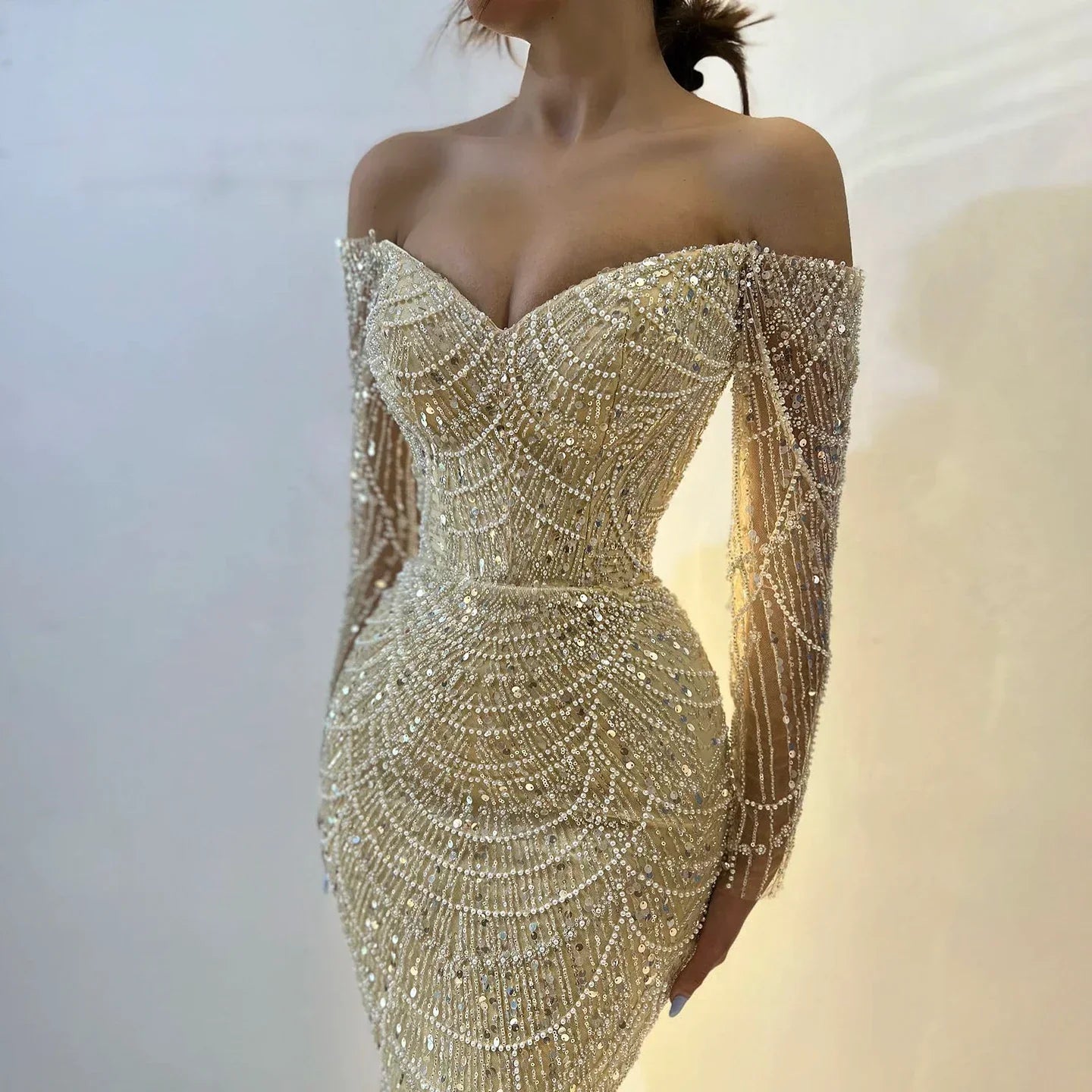 Elegant Pearls Champagne Mermaid Evening Dress SS609