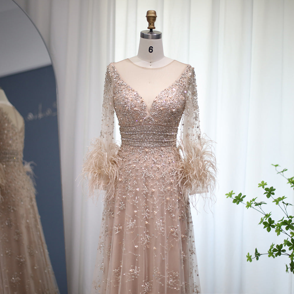 Elegant Beaded Champagne Feathers Long Sleeves Evening Dress SS101