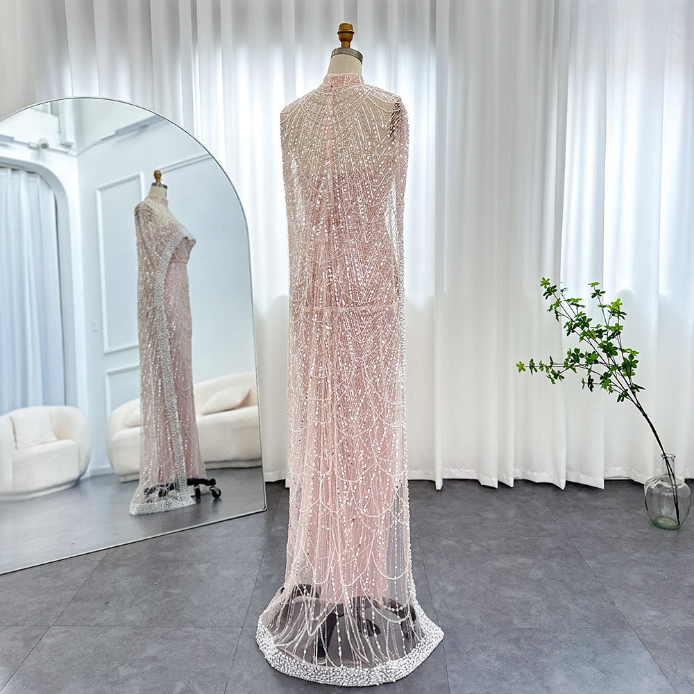 Luxury Pearls Champagne Mermaid Evening Dress with Cape SS369