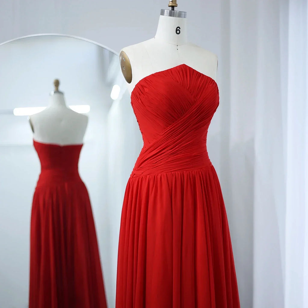 Elegant Red Chiffon A-Line Strapless Long Evening Dress with Slit SF141