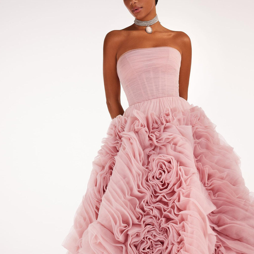 Luxury 3D Rose Flower Pink Midi Evening Dresses SS343