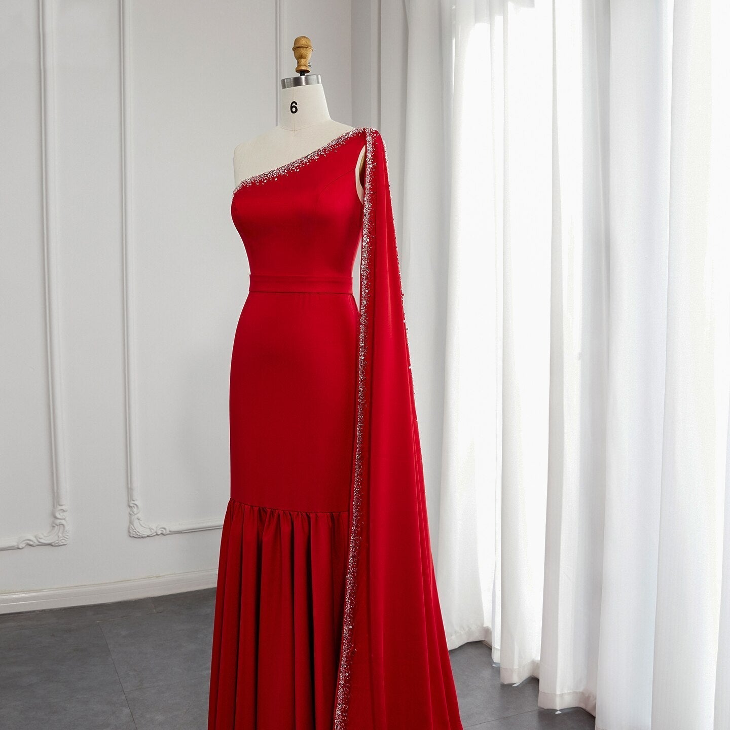 Luxury Burgundy One Shoulder Evening Dress with Cape Sleeve SS384