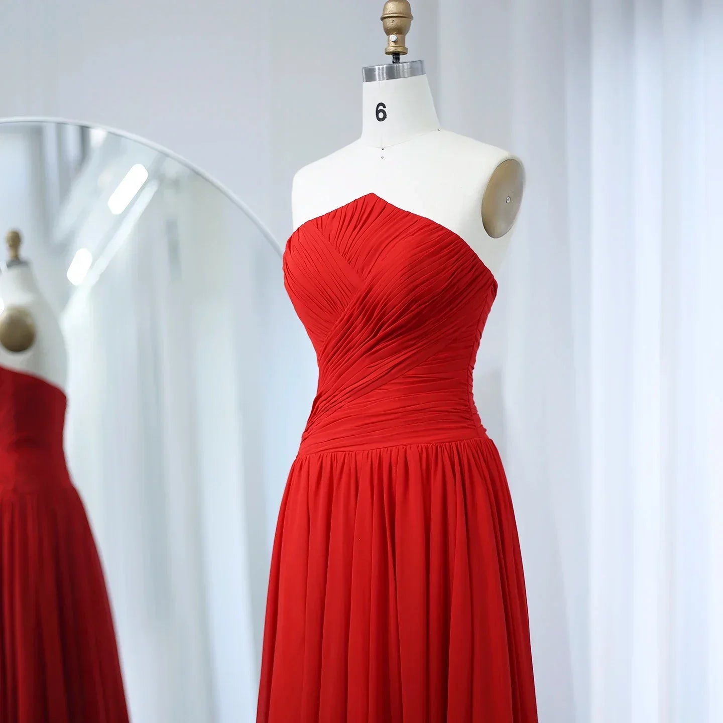 Elegant Red Chiffon A-Line Strapless Long Evening Dress with Slit SF141