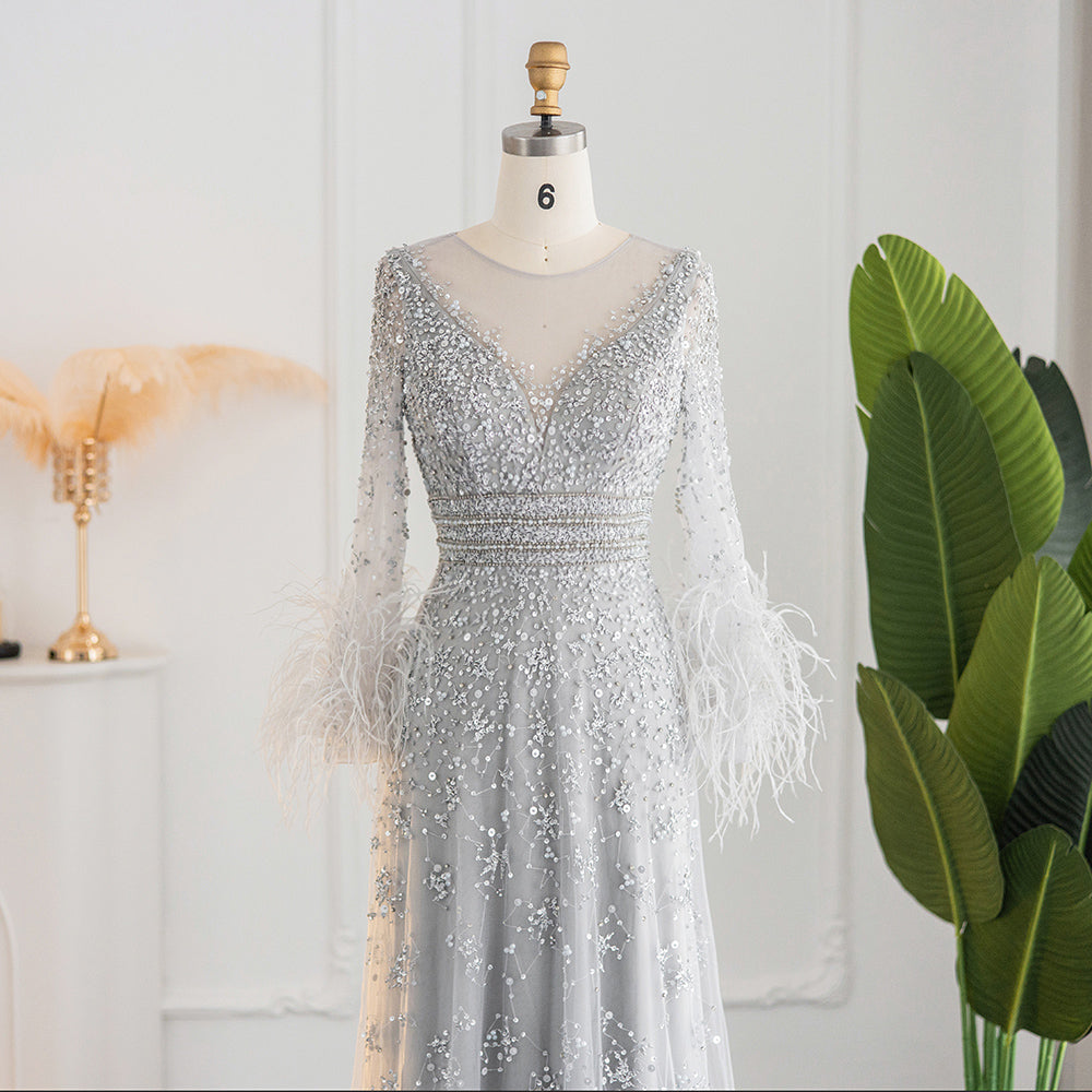 Elegant Beaded Champagne Feathers Long Sleeves Evening Dress SS101