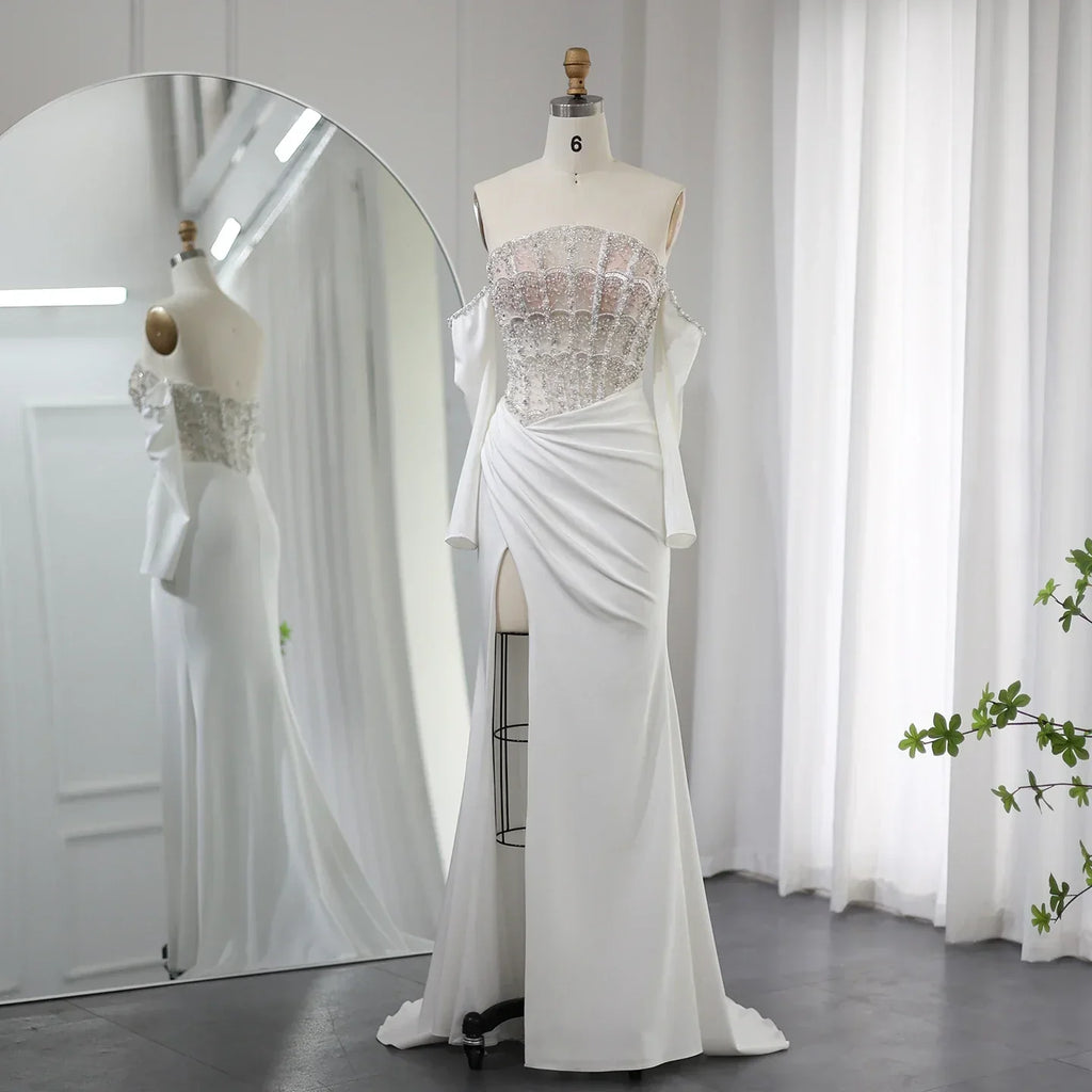 Luxury Mermaid White Evening Dress with High Slit SS416
