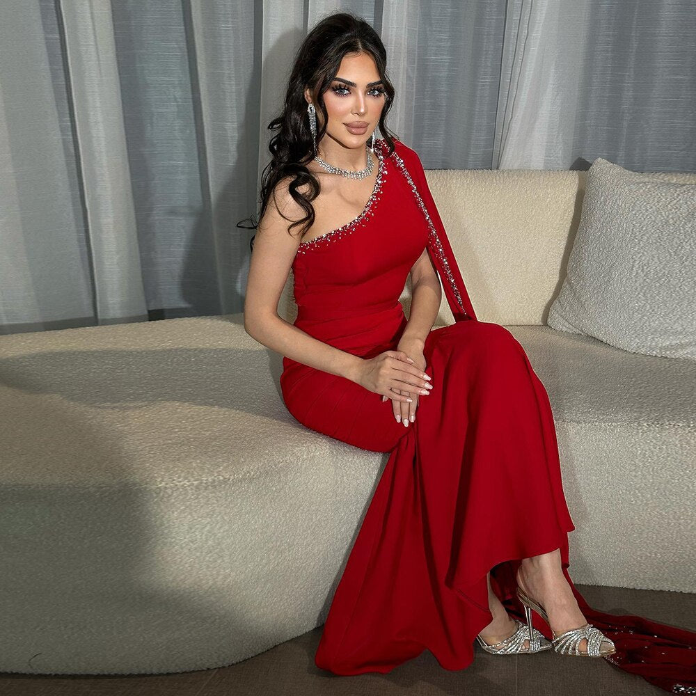 Luxury Burgundy One Shoulder Evening Dress with Cape Sleeve SS384