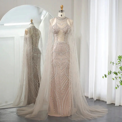 Luxury Champagne Evening Dress with Cape Sleeves SS077