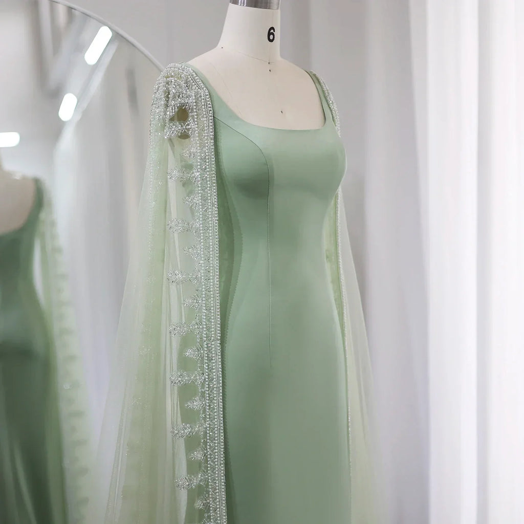 Luxury Crystal Blue Mermaid Evening Dresses with Cape Sleeves SS445