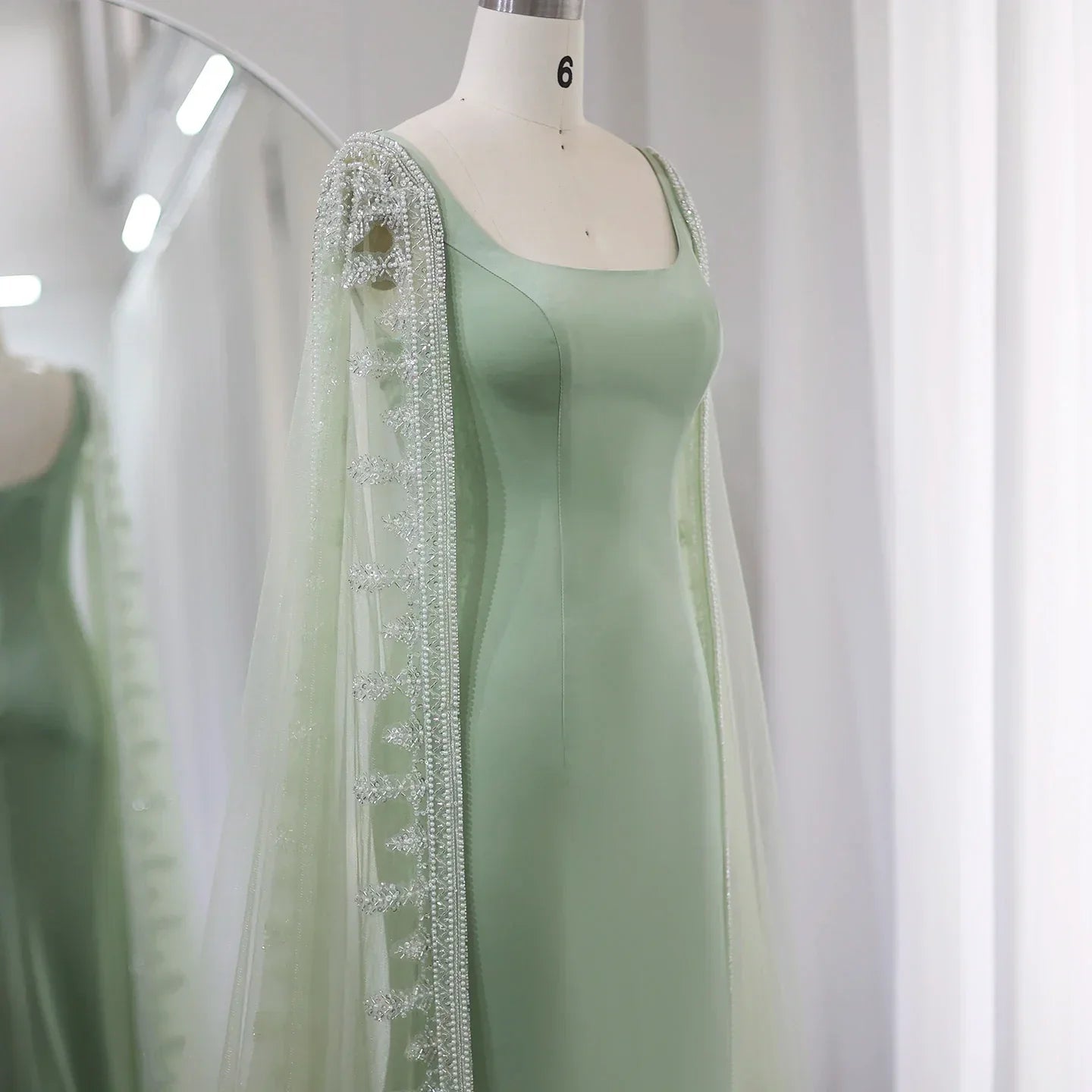 Luxury Crystal Blue Mermaid Evening Dresses with Cape Sleeves SS445