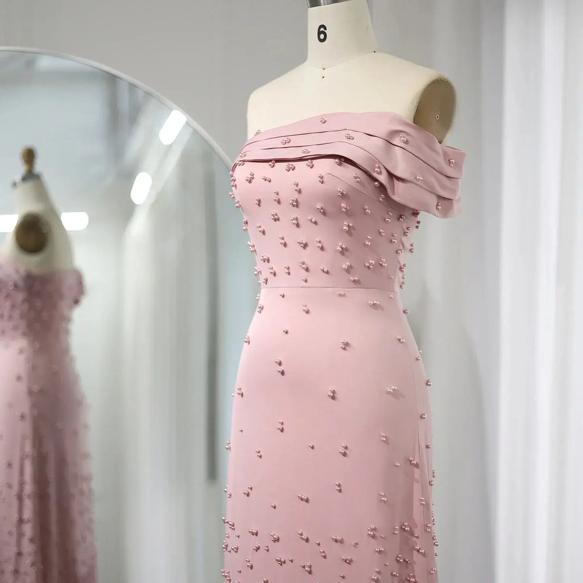 Luxury Feathers Pink Off Shoulder Evening Dress SS388