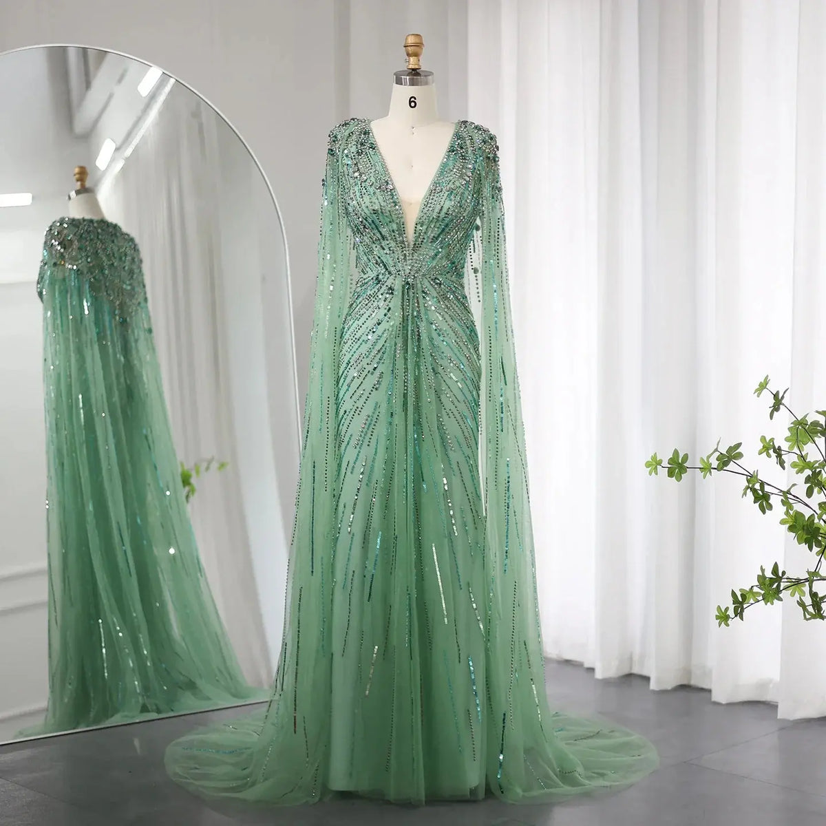 Luxury Dubai Green Evening Dresses with Cape Fuchsia Crystal Gold SS399