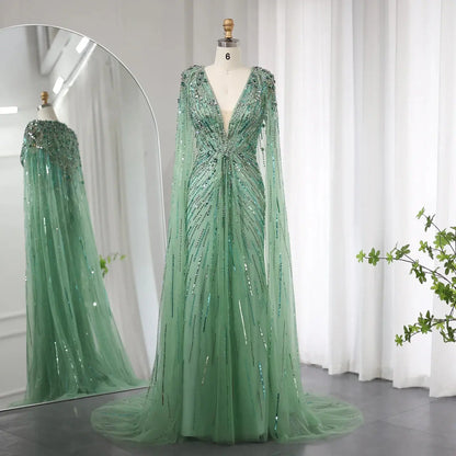 Luxury Dubai Green Evening Dresses with Cape Fuchsia Crystal Gold SS399