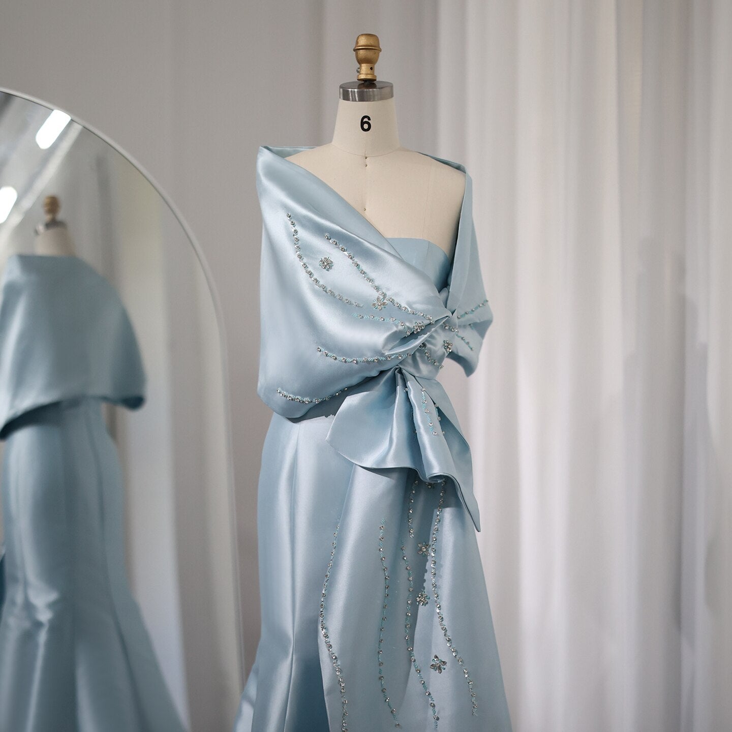 Luxury Beaded Blue Mermaid Evening Dresses with Cape SS333