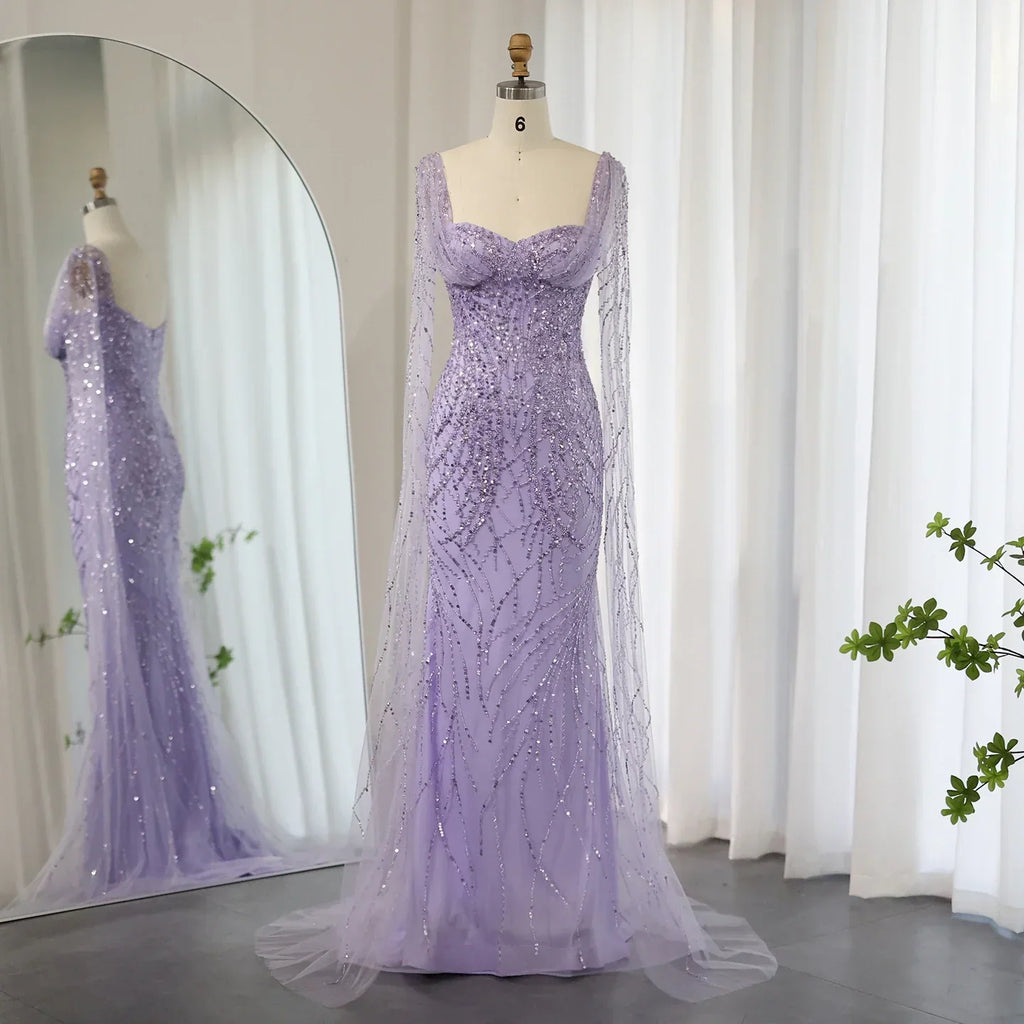 Luxury Lilac Mermaid Evening Dresses with Cape Sleeves SS237