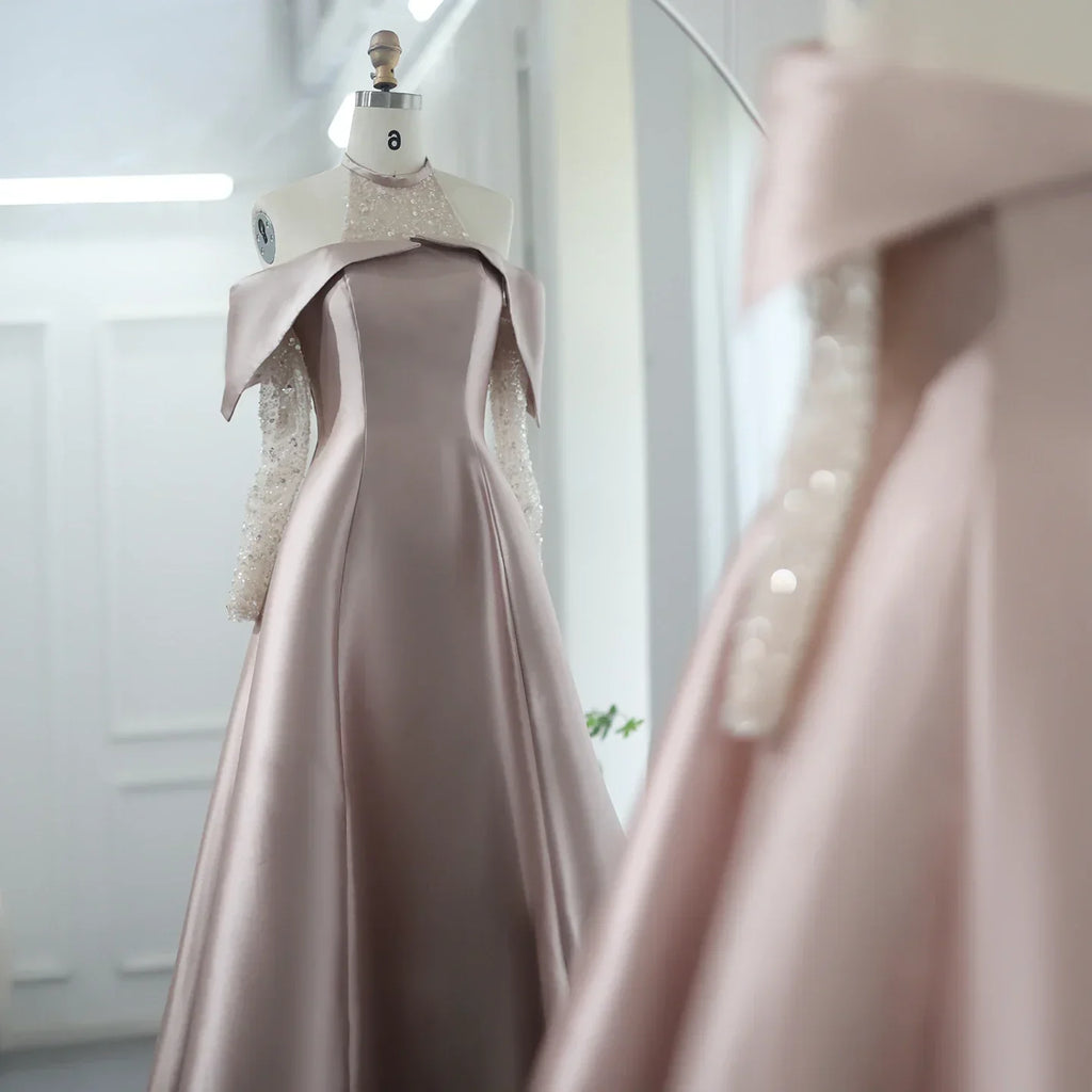 Elegant Halter Rose Gold A-Line Satin High Low Evening Dress SF058L