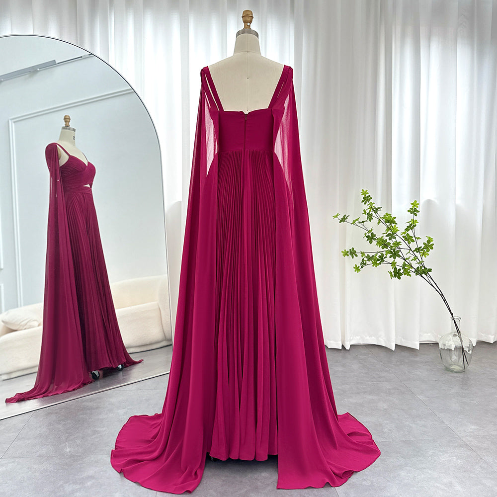 Elegant Fuchsia Chiffon Evening Dresses with Cape Sleeves SF090