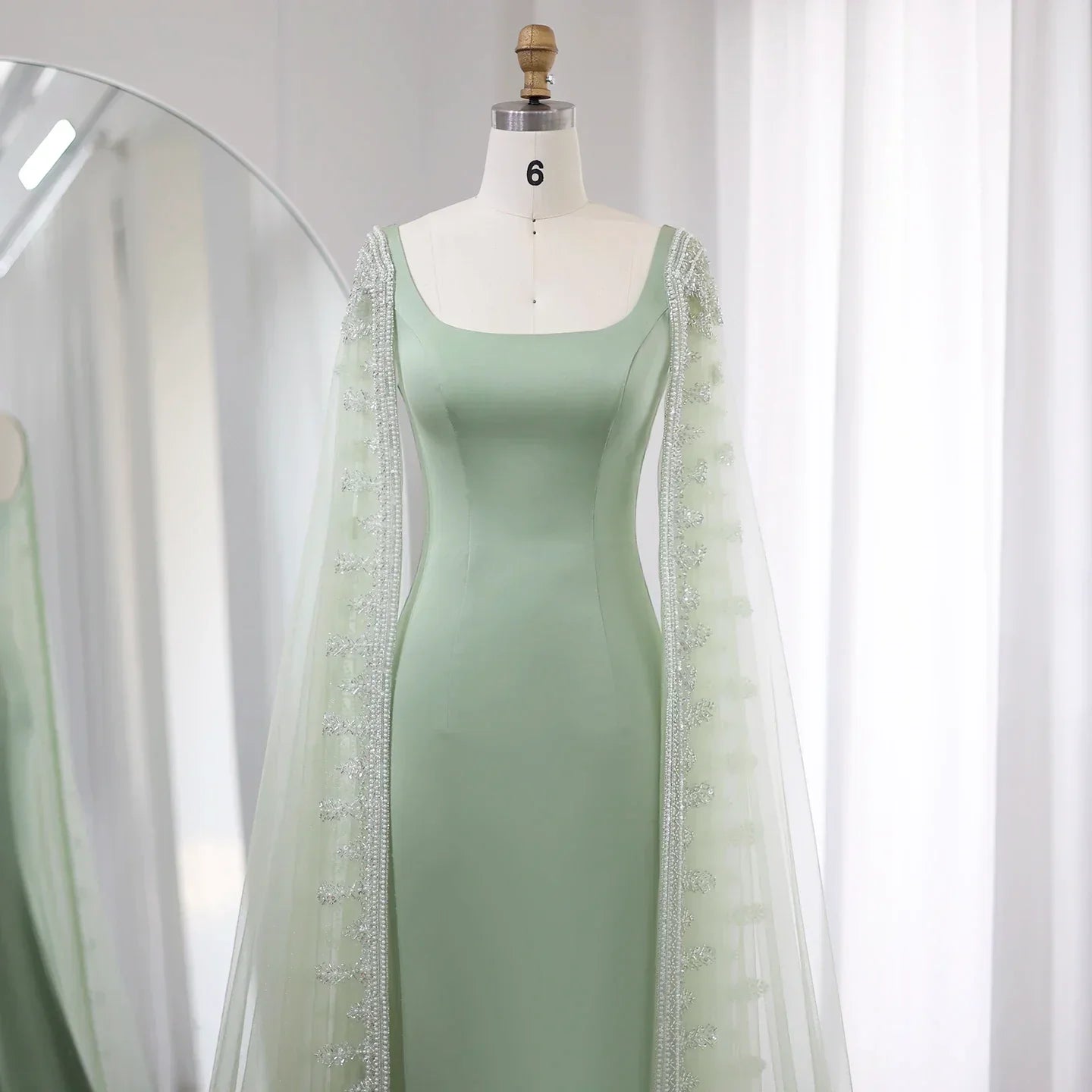 Luxury Crystal Blue Mermaid Evening Dresses with Cape Sleeves SS445