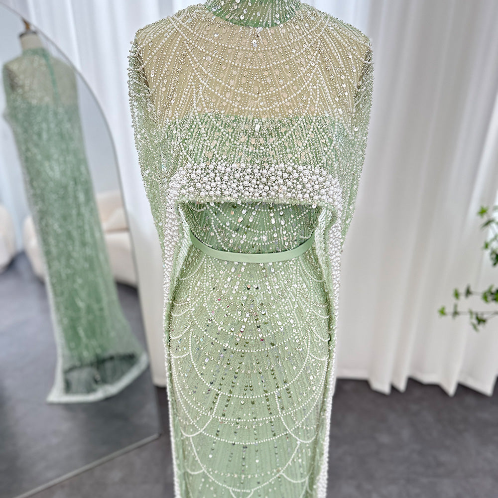 Luxury Pearls Champagne Mermaid Evening Dress with Cape SS369