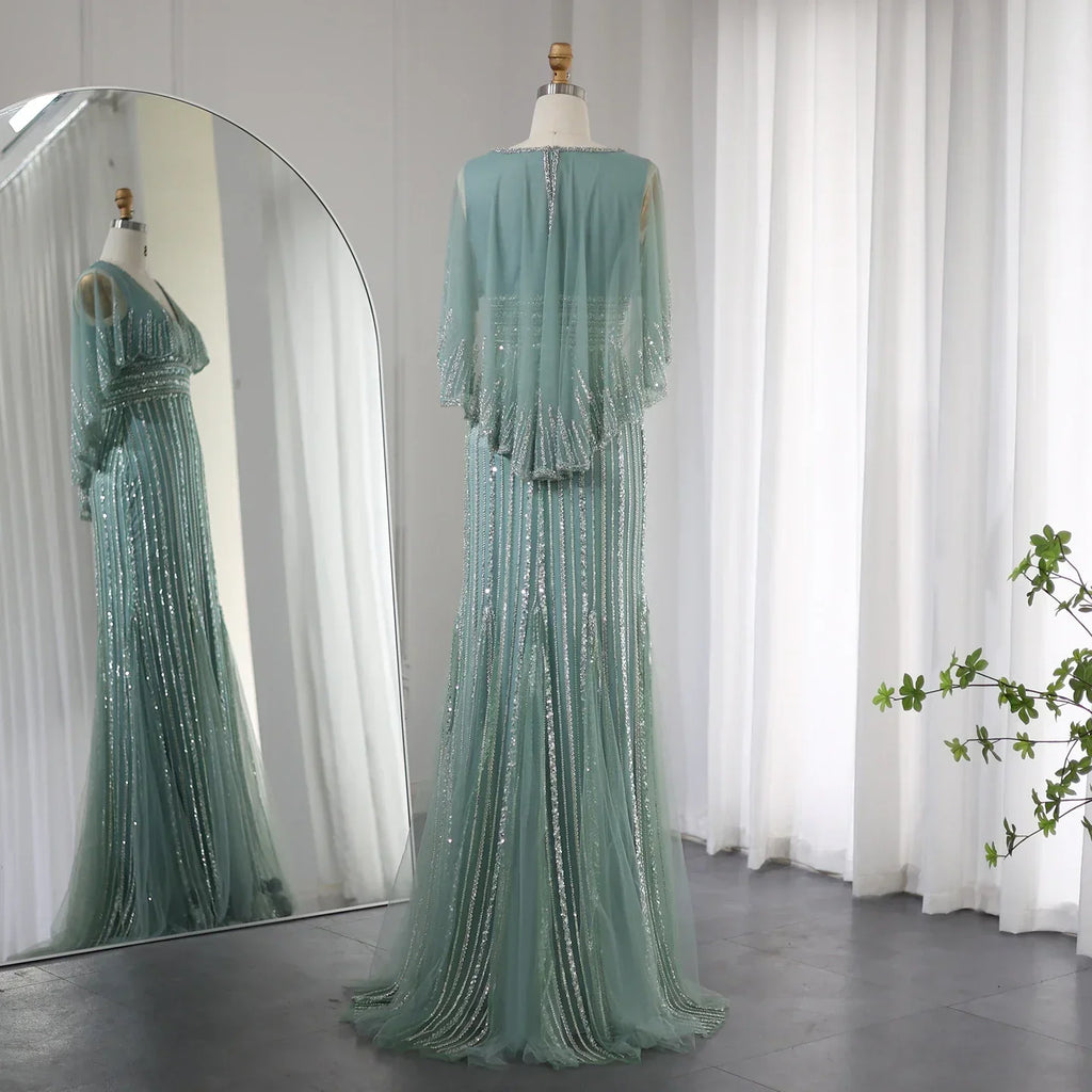 Luxury Beaded Pink V-Neck Mermaid Evening Dresses with Cape SS284